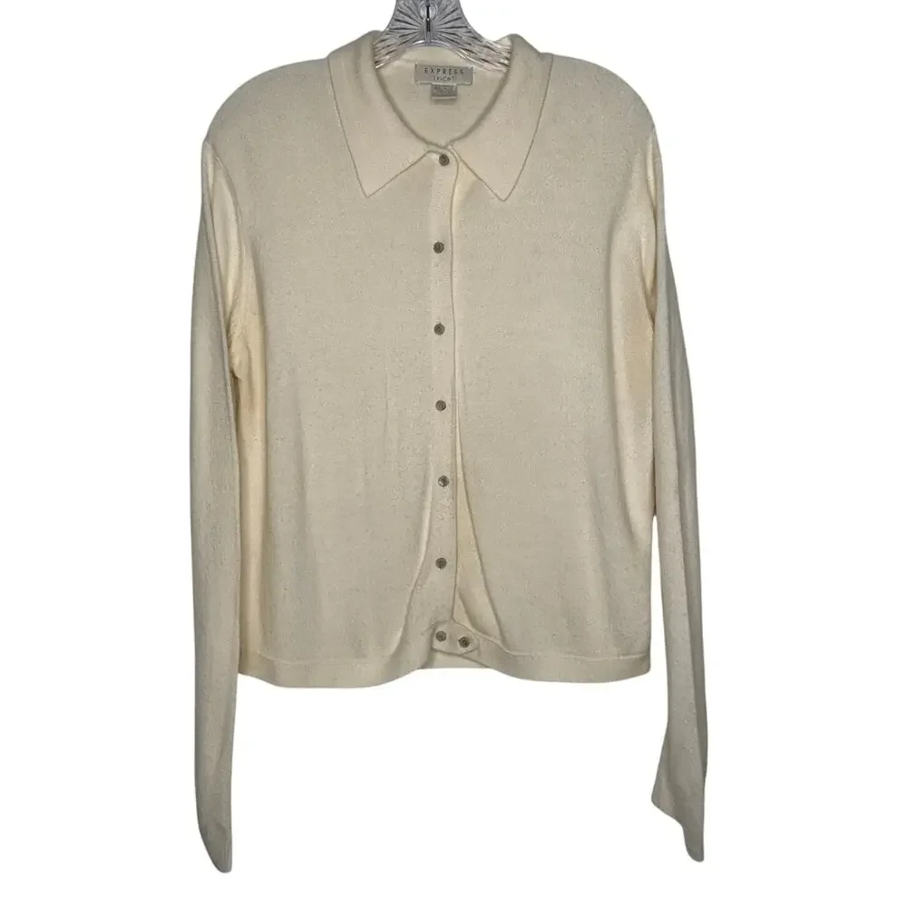 Vintage 70s Express Tricot Ivory Collared Cardigan Sweater Hong Kong Medium